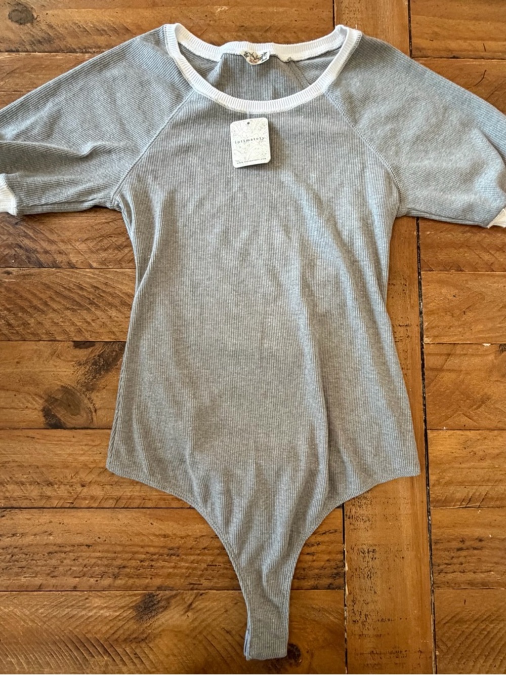 Free People Light Gray Ribbed Bodysuit with White Trim